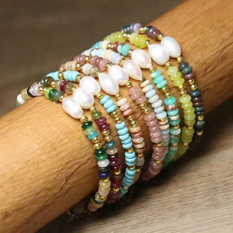 Handmade Baroque Pearl Natural Stone Beaded Bracelet For Women Rainbow Tourmaline Turquoise Boho Jewelry Adjustable Gift