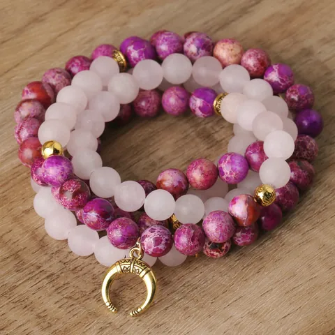 Collar de Cuentas de Mala de Cuarzo Rosa y Jaspe Imperial Con Colgante de Luna Vintage Joyería de Meditación Yoga Unisex