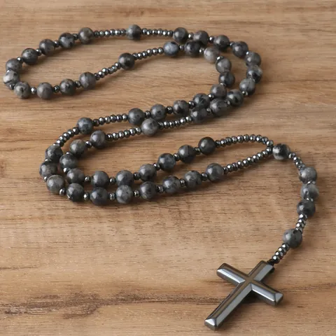 Natural Stone Labradorite Hematite Round Bead Rosary Necklace with Cross Pendant for Men Women Religious Prayer Jewelry Gift
