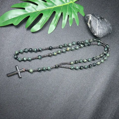 Natural Stone Cross Pendant Necklace For Men Vintage African Turquoise Hematite Rosary Beaded Chain Street Style Jewelry Gift