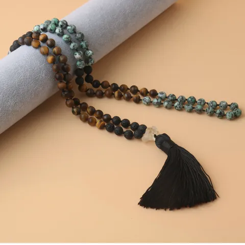 Collar de 108 Cuentas de Mala Ojo de Tigre Mate Turquesa Africana Piedra de Lava Anudado a Mano con Borla Joyería de Meditación Unisex