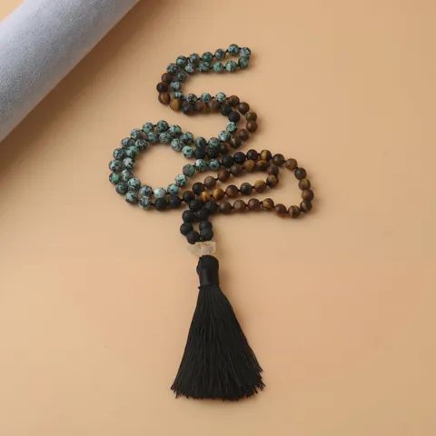 Collar de 108 Cuentas de Mala Ojo de Tigre Mate Turquesa Africana Piedra de Lava Anudado a Mano con Borla Joyería de Meditación Unisex