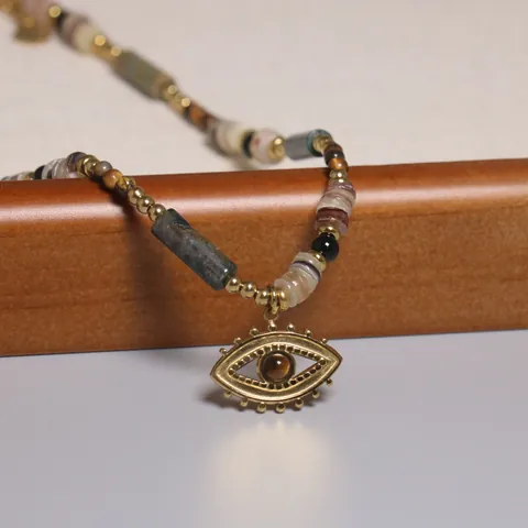 Maillard Style Tiger Eye Beaded Necklace For Women Retro Natural Stone Stainless Steel Evil Eye Pendant Lightweight Luxury Jewelry Gift