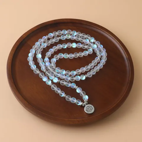 Collier de Prière 108 Perles Mala Pierre Gemme Blanc Iridescent Pendentif Lotus Bracelet Multicouche pour Yoga Méditation Bijoux Femme