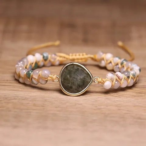 Handgemaakte Geweven Dubbellaagse Armband Natuurlijke Labradoriet Mosagaat Steen Kralen Armband Voor Vrouwen Boho Sieraden