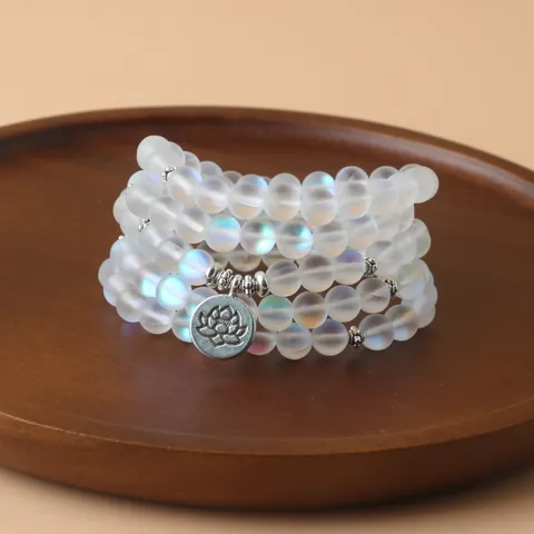Collier de Prière 108 Perles Mala Pierre Gemme Blanc Iridescent Pendentif Lotus Bracelet Multicouche pour Yoga Méditation Bijoux Femme