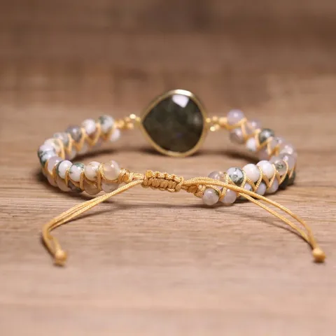 Handgemaakte Geweven Dubbellaagse Armband Natuurlijke Labradoriet Mosagaat Steen Kralen Armband Voor Vrouwen Boho Sieraden