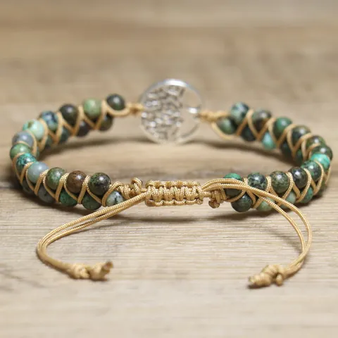 Natural African Turquoise Tree Of Life Bracelet Handmade Woven Double Layer Adjustable Stone Bead Jewelry For Women Gift