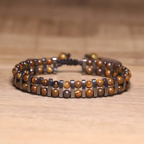 Double Layer Tiger Eye Stone Hematite Faceted Beads Bracelet European Vintage Natural Stone Elastic Unisex Jewelry