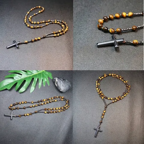 Handmade Natural Stone Mala Prayer Beads Necklace With Hematite Cross Pendant For Men Women Ethnic Religious Jewelry
