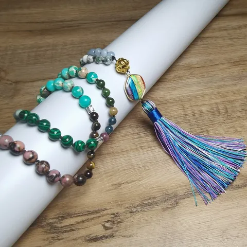 Collier 108 Perles Mala Fait Main Pierres Gemmes Multicolores Nouées à la Main Pendentif Gland Yoga Méditation Bijoux Bohème