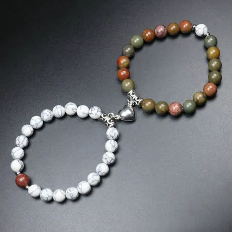 Natural Stone Beaded Couple Bracelet For Women Men Magnetic Heart Attraction Friendship Bracelet Set Gemstone Beads Jewelry