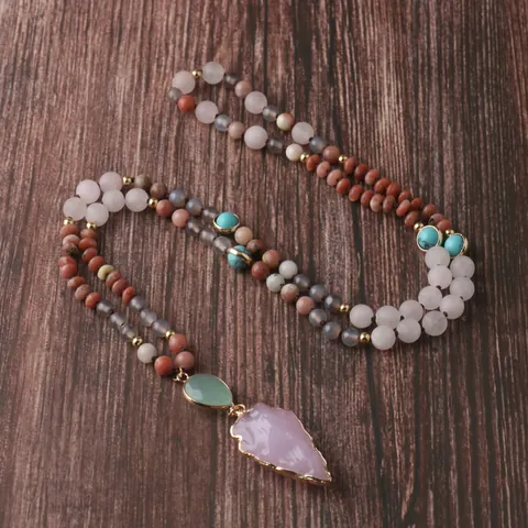 Collier Pendentif Pointe de Flèche en Perles de Quartz Rose Amazonite Bohème Pierre Naturelle Nouée à la Main Long pour Femme Homme
