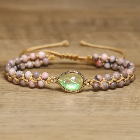 Bracelet en Perles de Pierre Naturelle Zèbre Rose Tressé Double Couche Bijoux Avec Inclusion d'Opale Goutte Style Bohême