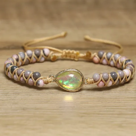 Bracelet en Perles de Pierre Naturelle Zèbre Rose Tressé Double Couche Bijoux Avec Inclusion d'Opale Goutte Style Bohême