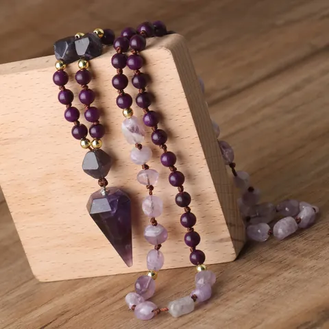 Natuurlijke Amethist Pijl Hanger Ketting Mala Gebedskralen Handgeknoopte Kralenketting Voor Mannen Vrouwen Spirituele Sieraden