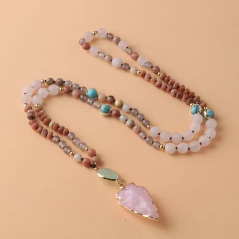 Collier Pendentif Pointe de Flèche en Perles de Quartz Rose Amazonite Bohème Pierre Naturelle Nouée à la Main Long pour Femme Homme
