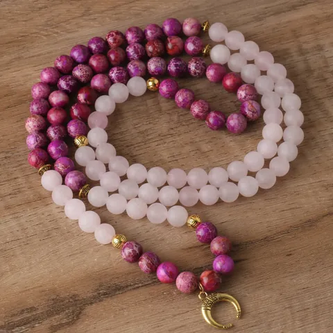 Collier Bracelet 108 Perles de Mala en Jaspe Impérial et Quartz Rose Naturel Bijoux Spirituels Ethniques Pendentif Croissant de Lune Or
