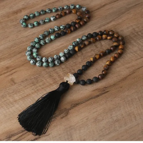 Collana di Perline in Pietra Naturale per Uomo Donna Occhio di Tigre Pietra Lavica Ciondolo in Cristallo Nappa Boho