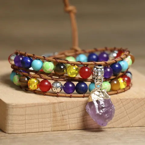 Bohemian Natural Amethyst Raw Stone Pendant Multilayer Wrap Bracelet Handmade Beaded Leather Cord Bracelet For Women Jewelry