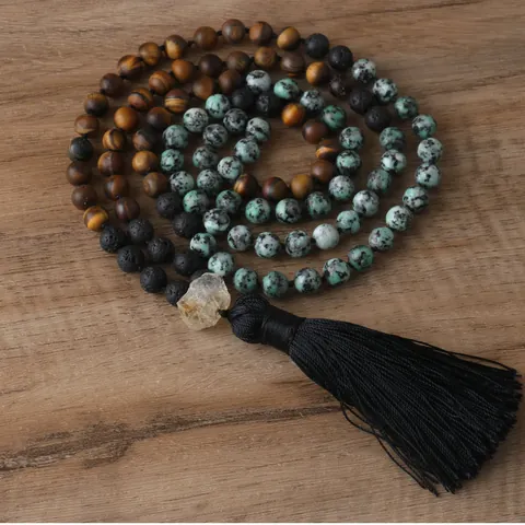 Collana di Perline in Pietra Naturale per Uomo Donna Occhio di Tigre Pietra Lavica Ciondolo in Cristallo Nappa Boho