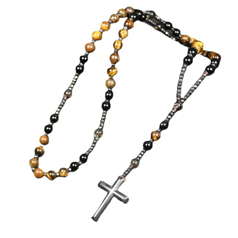 Natural Stone Cross Pendant Necklace Men Hematite Tiger Eye Beads Rosary Prayer Jewelry Vintage Religious Style Gift