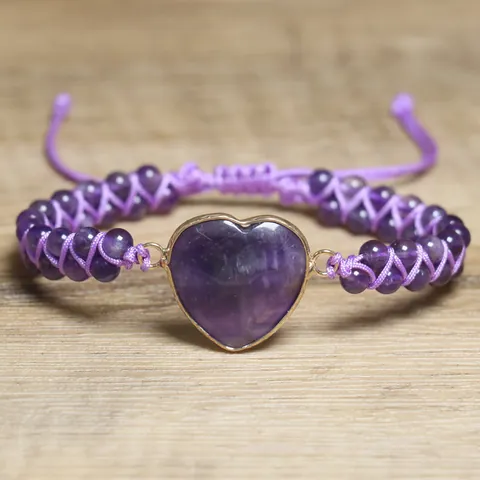 Natürlicher Amethyst Herz Perlenarmband Für Damen Doppellagig Handgewebt Verstellbar Geflochtenes Seil Modeschmuck Geschenk