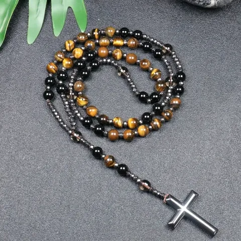 Natuursteen Kruis Hanger Halsketting Heren Hematiet Tijgeroog Kralen Rozenkranz Gebed Sieraden Vintage Religieuze Stijl Cadeau