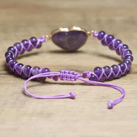 Natürlicher Amethyst Herz Perlenarmband Für Damen Doppellagig Handgewebt Verstellbar Geflochtenes Seil Modeschmuck Geschenk