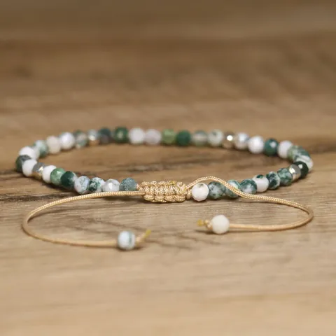 Natural Faceted Moss Agate Beads Bracelet For Women Handmade Woven Adjustable Braided Rope Bracelet Healing Gemstone Jewelry Gift