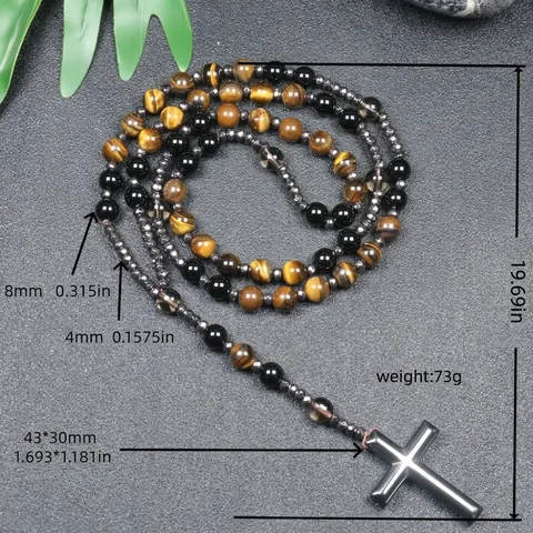Natural Stone Cross Pendant Necklace Men Hematite Tiger Eye Beads Rosary Prayer Jewelry Vintage Religious Style Gift