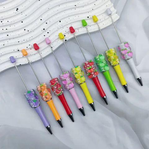 Creative DIY Fruit Beadable Ballpoint Pen Colorful Rhinestone Inlaid Artificial Pearl Decorative Writing Pen Office School Supplies Gift