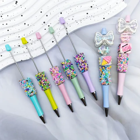 DIY Beaded Ballpoint Pen Candy Sprinkles Design Macaron Color Sweet Dessert Style Rotating Stationery Writing Pen Gift