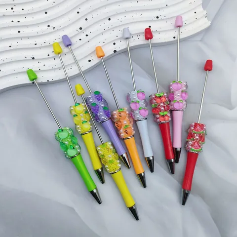 Creative DIY Fruit Beadable Ballpoint Pen Colorful Rhinestone Inlaid Artificial Pearl Decorative Writing Pen Office School Supplies Gift