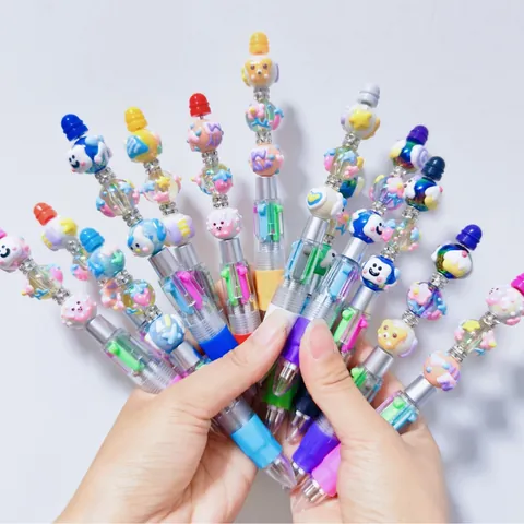 DIY Multicolor Cartoon Beaded Ballpoint Pen Multi Color Ink Refill Cute Macaron Stationery For Students Office School Supplies