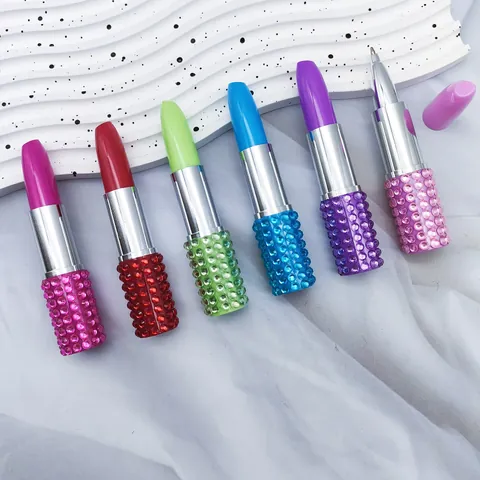 Creative Lipstick Shaped Ballpoint Pen Rhinestone Encrusted Portable Writing Tool For Women Girls School Office Decoration Gift