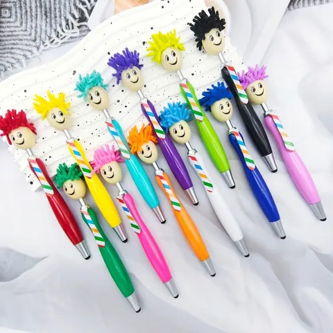 Cartoon Doll Head Ballpoint Pen Rainbow Clip Stylus Touch Screen Writing Pen Cute Stationery For Students Office Gift