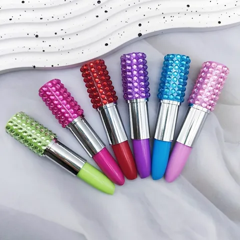 Creative Lipstick Shaped Ballpoint Pen Rhinestone Encrusted Portable Writing Tool For Women Girls School Office Decoration Gift