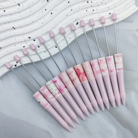 Bolígrafo de Cuentas Estampado con Lazo Rosa DIY Plástico Metal Bolígrafo de Dibujos Animados Regalo Creativo San Valentín para Oficina Escuela