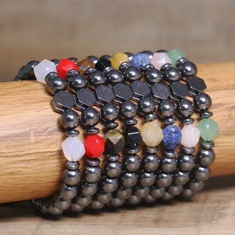 Handgemaakte Natuursteen Hematiet Kralen Armband Met Om Symbool Bedel Minimalistische Gevlochten Verstelbare Armband Voor Dames Heren