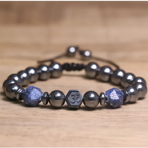 Handgemaakte Natuursteen Hematiet Kralen Armband Met Om Symbool Bedel Minimalistische Gevlochten Verstelbare Armband Voor Dames Heren