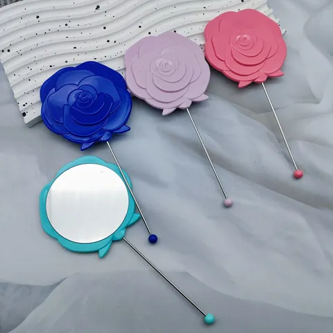Ins Style Rose Shaped Handheld Mirror DIY Beaded Long Handle Decorative Single Sided Portable Mirror For Women Makeup Vanity Gift