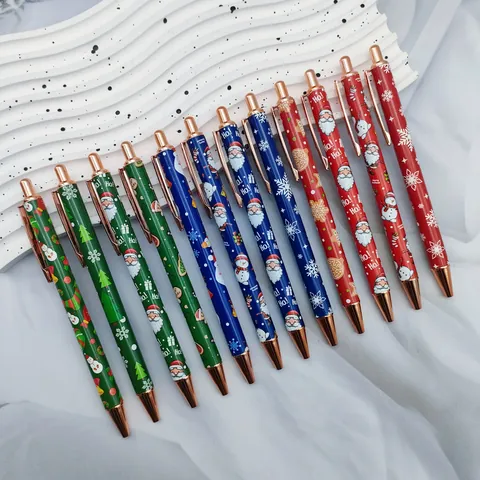 Christmas Printed Retractable Ballpoint Pen Metal Plastic Santa Snowman Pattern Rose Gold Clip School Office Writing Gift Pen