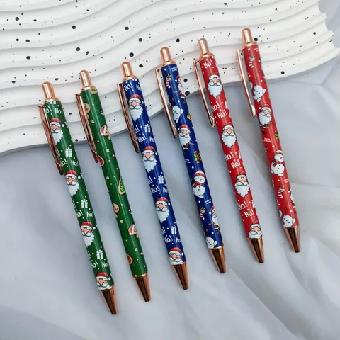 Christmas Printed Retractable Ballpoint Pen Metal Plastic Santa Snowman Pattern Rose Gold Clip School Office Writing Gift Pen