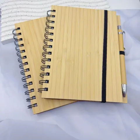 Natural Bamboo Cover Spiral Notebook With Matching Pen Eco-friendly Hardcover Ruled Journal For Business Office Study Stationery