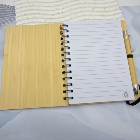 Natural Bamboo Cover Spiral Notebook With Matching Pen Eco-friendly Hardcover Ruled Journal For Business Office Study Stationery