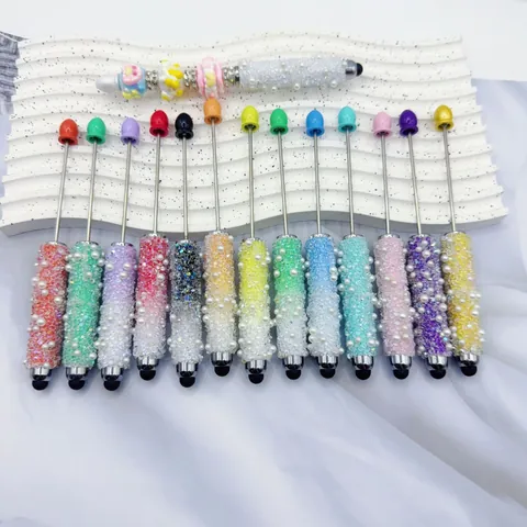 DIY Beaded Ballpoint Pen Stylus Touch Screen Artificial Pearl Rhinestone Metal Body Crystal Decorative Writing Pen Office Gift