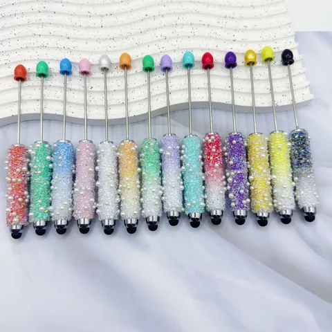 DIY Beaded Ballpoint Pen Stylus Touch Screen Artificial Pearl Rhinestone Metal Body Crystal Decorative Writing Pen Office Gift