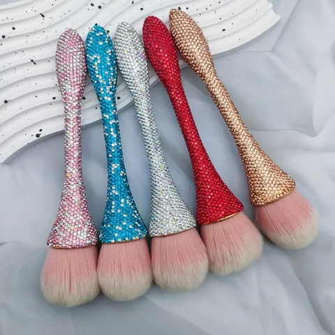Brocha de Maquillaje Lujosa con Cintura de Avispa y Diamantes de Imitación Pincel Grande para Polvos y Base Cerdas en Degradado