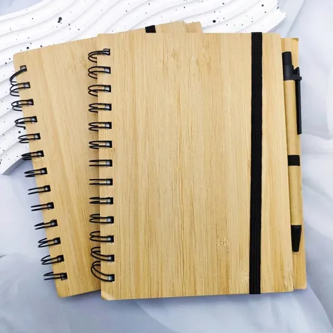 Eco-Friendly Bamboo Cover Spiral Notebook With Pen Wood Grain Office Student Stationery Writing Pad Business Gift